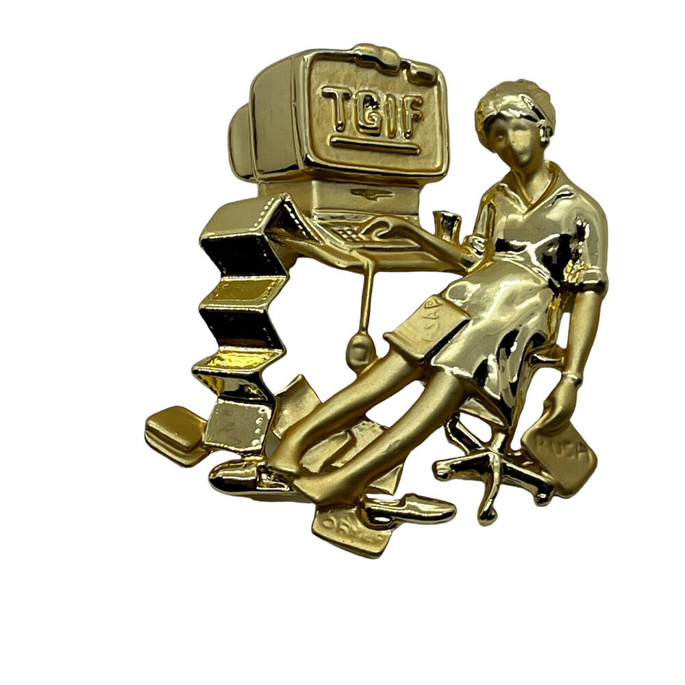 Brooch Lapel Pin TGIF Computer Overworked Career 19902 Gold Tone Danecraft Women
